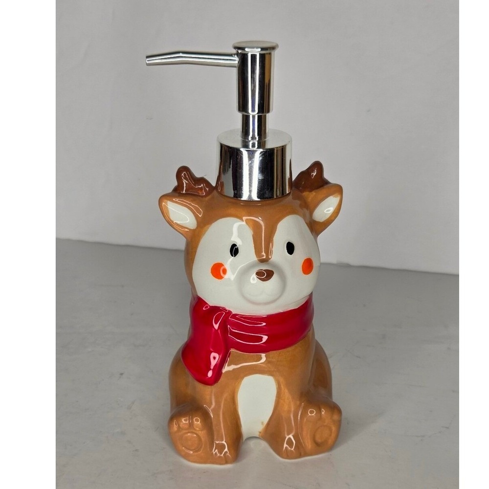 Christmas Reindeer Ceramic Soap Pump Dispenser Red Scarf Holidays Kitchen